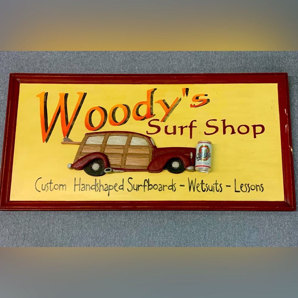 California Dreamin’ Woody’s Beach Surf Board Shop Sign Carved Antique Vintage